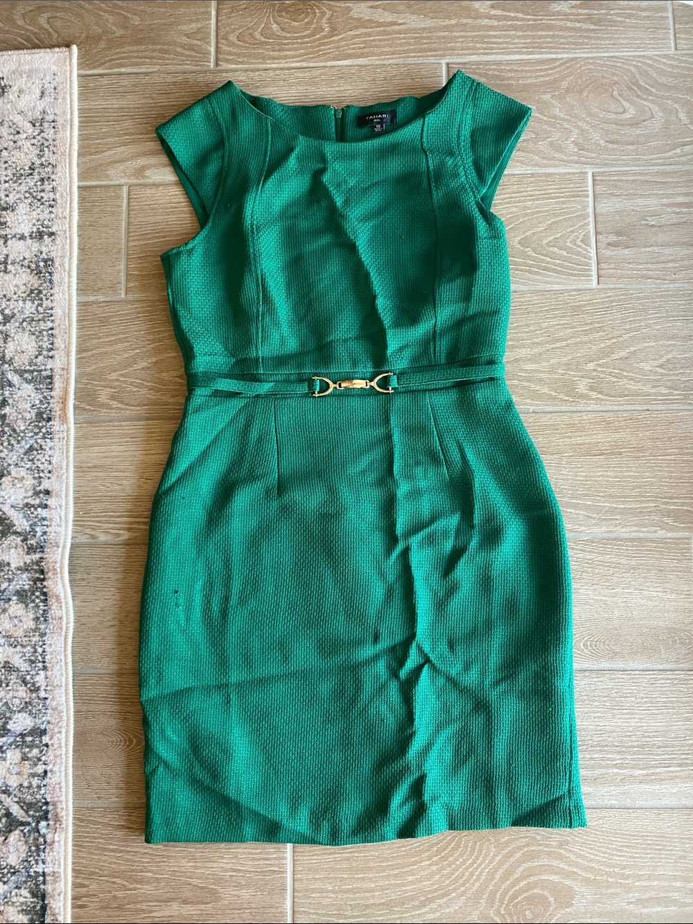 Tahari ASL Emerald Cap-Sleeve Sheath with Gold Buckle